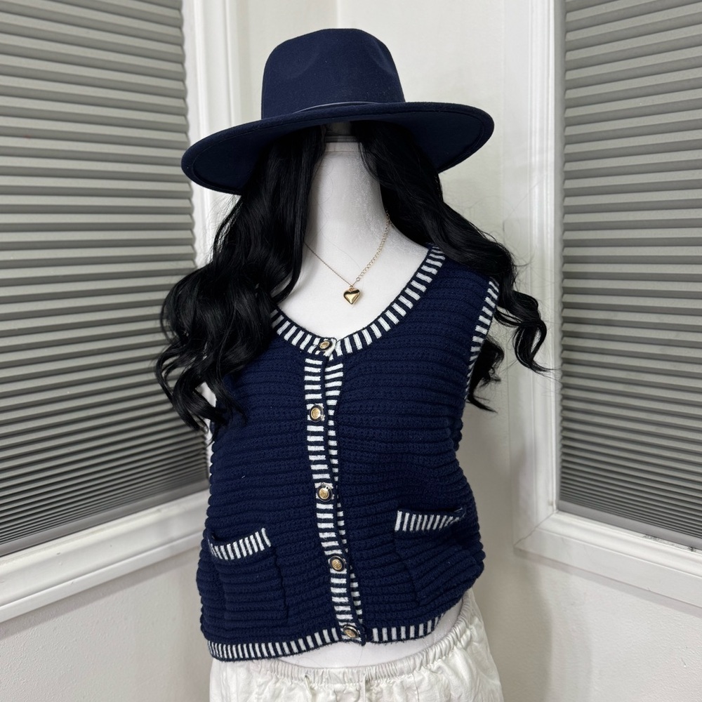 Joie Navy Knit Vest | Chanel-Inspired Button Front | Size M